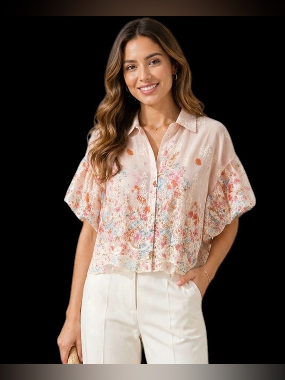 Liv Los Angeles Blouse sz‎ L Pink Floral Embroidered Puff Sleeve sheer boho